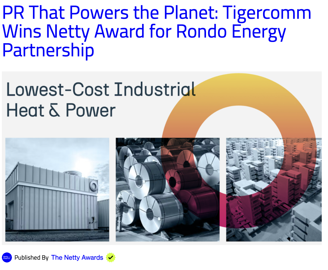 Tigercomm and Rondo Energy Win Netty Award for Best Public Relations Firm