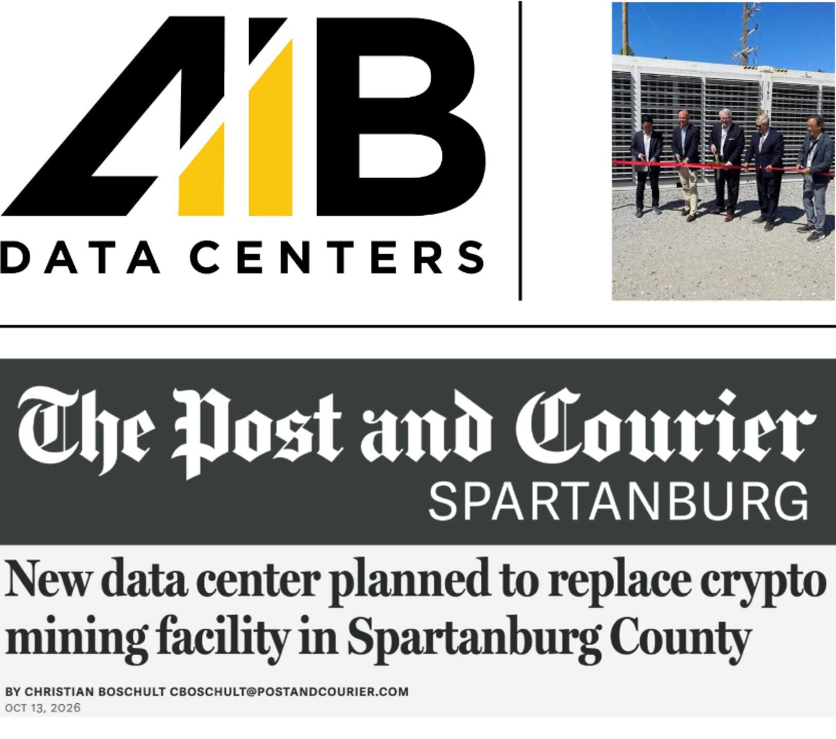 AIB Data Centers logo, a ribbon cutting, and Post and Courier Spartanburg coverage of a new data center planned to replace a crypto mining facility.