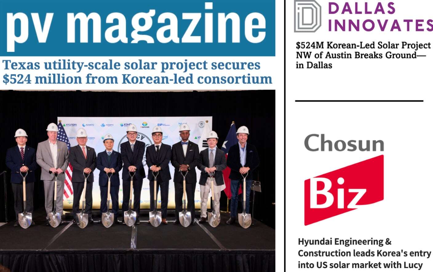 News coverage from Project Lucy's groundbreaking, including pv magazine, Dallas Innovates, and ChosunBiz coverage.