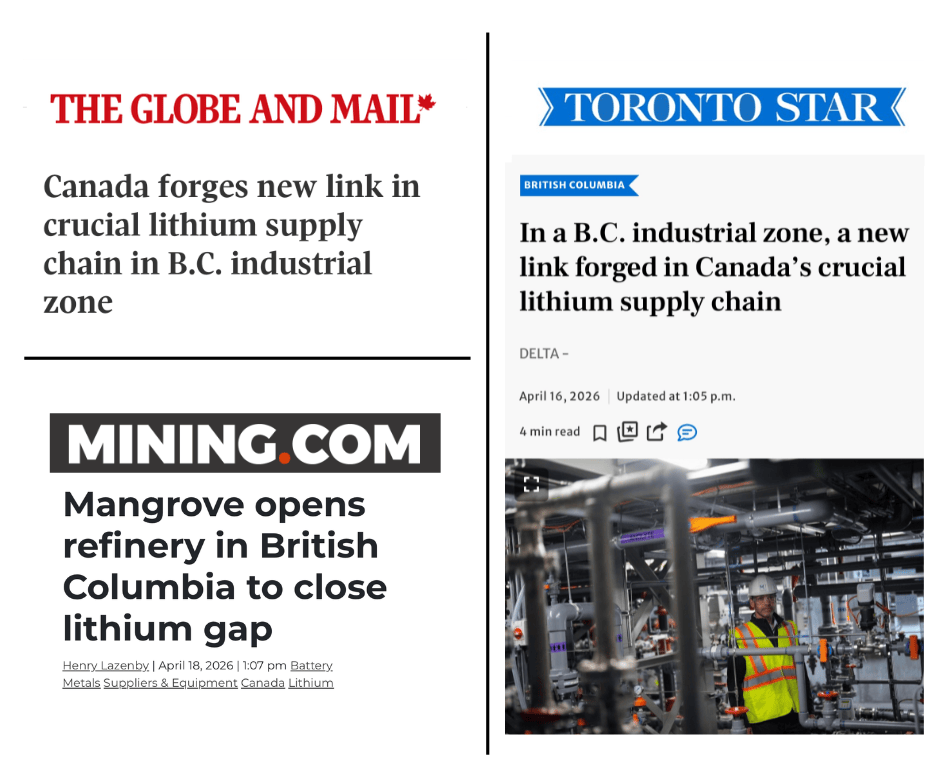 Coverage of Mangrove Lithium's refinery opening from The Globe and Mail, the Toronto Star and Mining.com.